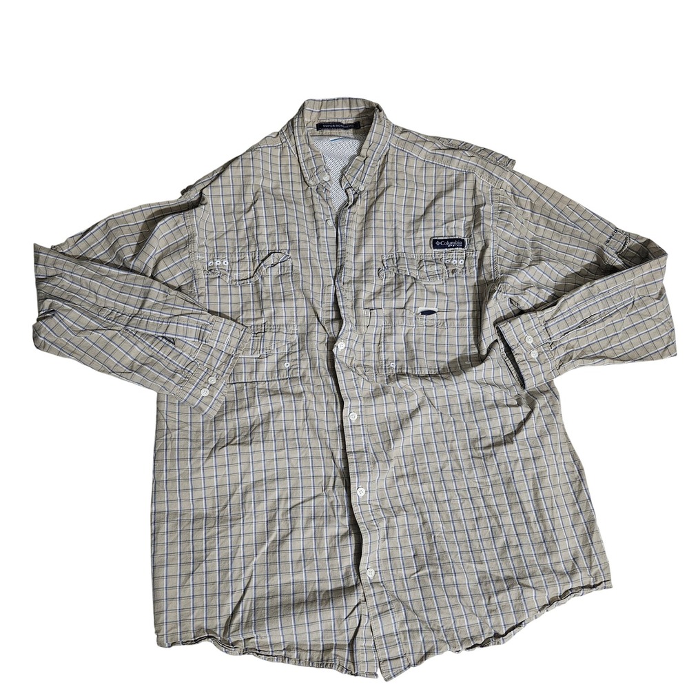 Columbia PFG Super Bonehead Fishing Shirt Mens XL Tan Blue Plaid Long Sleeve